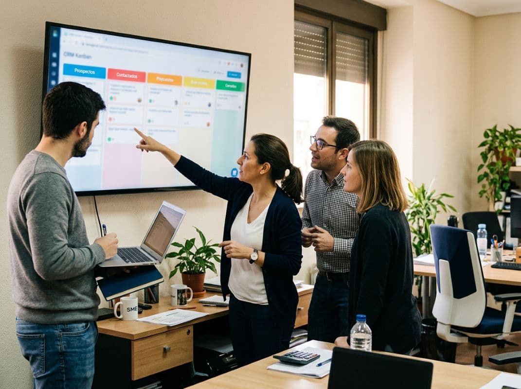 Equipo comercial de una pyme revisando su CRM durante la implantación