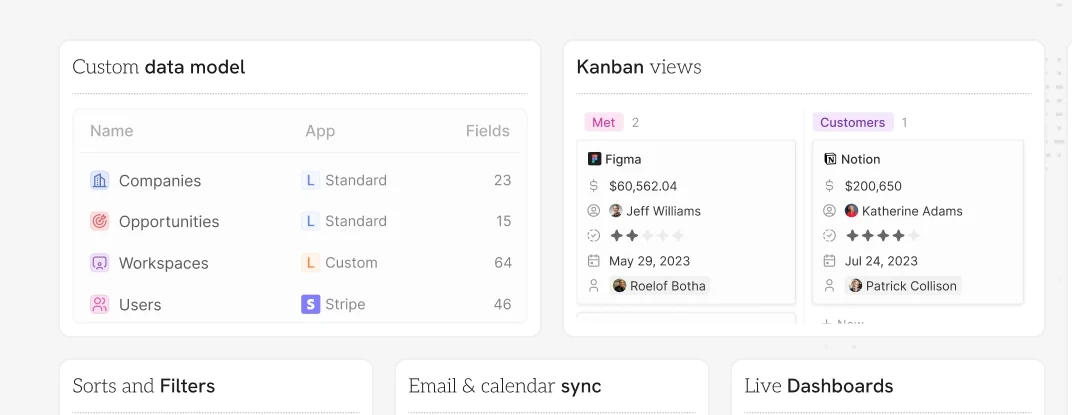 Interfaz de Twenty con el modelo de datos y vistas kanban de contactos y oportunidades